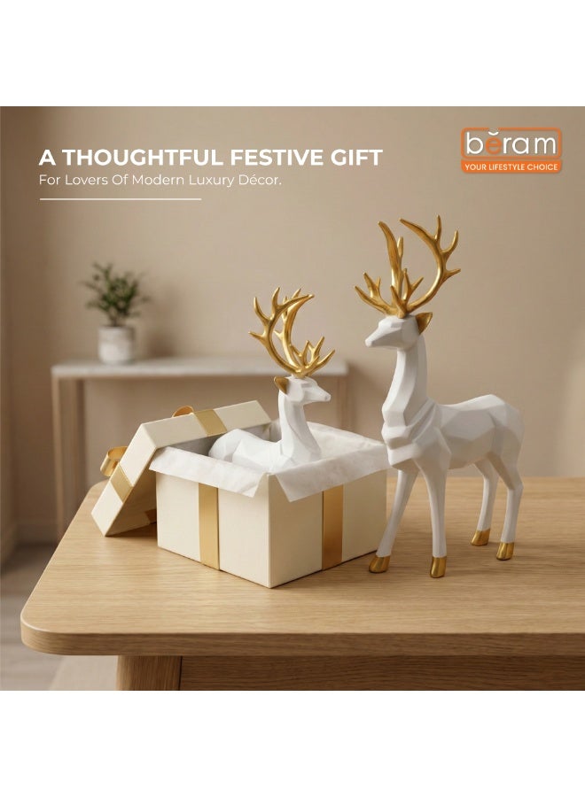 بيرام تمثال غزال عيد الميلاد بتصميم هندسي عصري باللون الأبيض مع تاج ذهبي، بحجمين كبير وصغير – ديكور غزال أنيق مصنوع من الراتنج الأبيض مع قرون ذهبية – قطعة فاخرة لتزيين المنزل في موسم الأعياد - Image 5